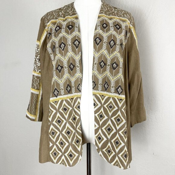 Chico's Linen Blend Jacket Beaded Embroidered Lined Boho 3/4 Sleeve Tan‎ Size 2 - Picture 1 of 12